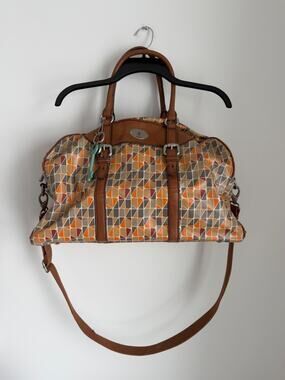 Fossil Key-Per Calypso Duffle Bag Travel Carry On Coated Canvas Leather Trim Bag